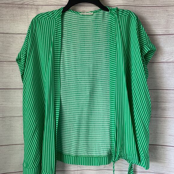 Olive & Leaf Green and White Striped Wrap Front Blouse Tie Bottom Size Large - Picture 11 of 11